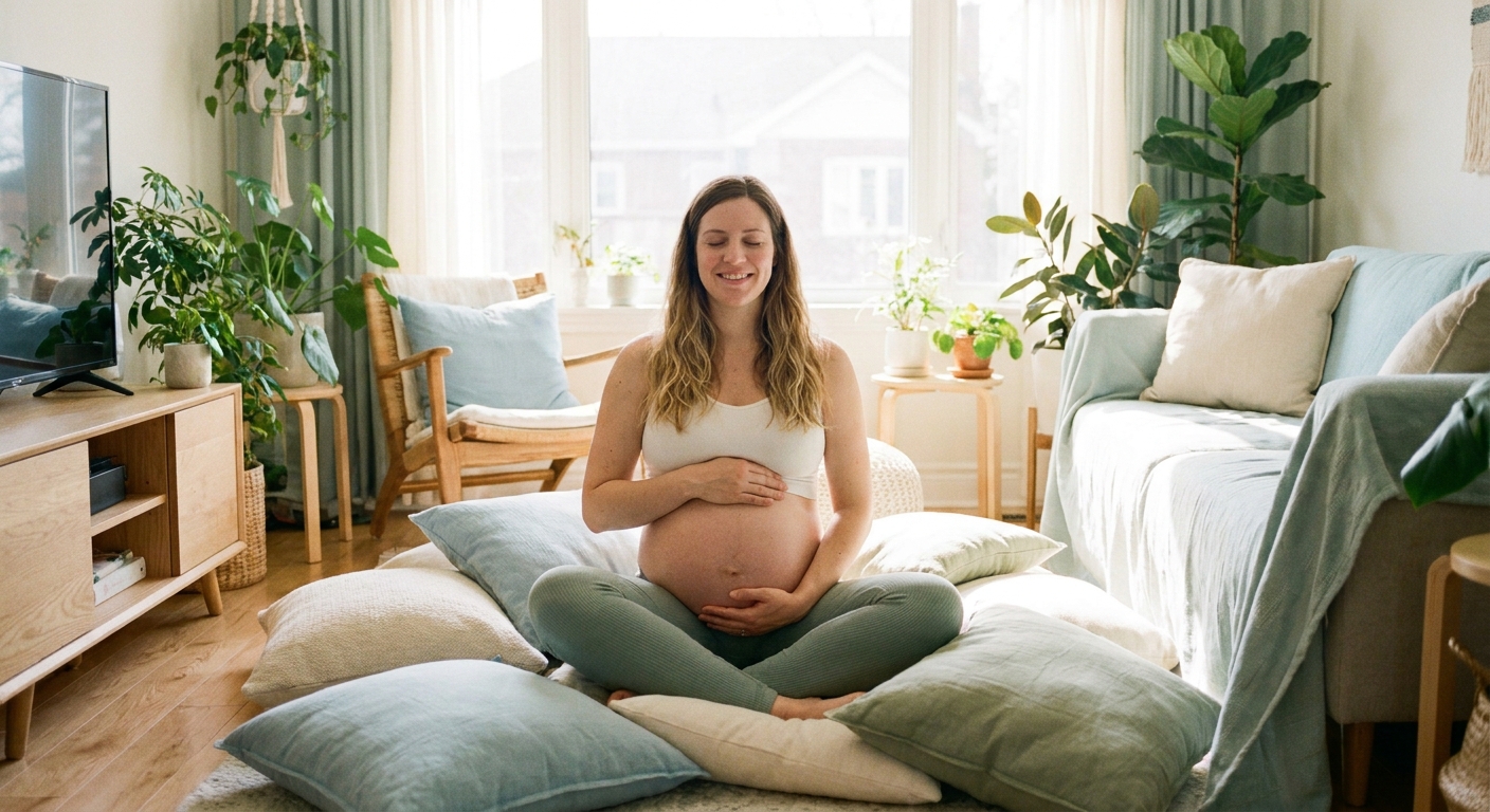 Gestante meditando em casa com apoio de almofadas durante a gravidez — meditação para gestantes Vitalizen App