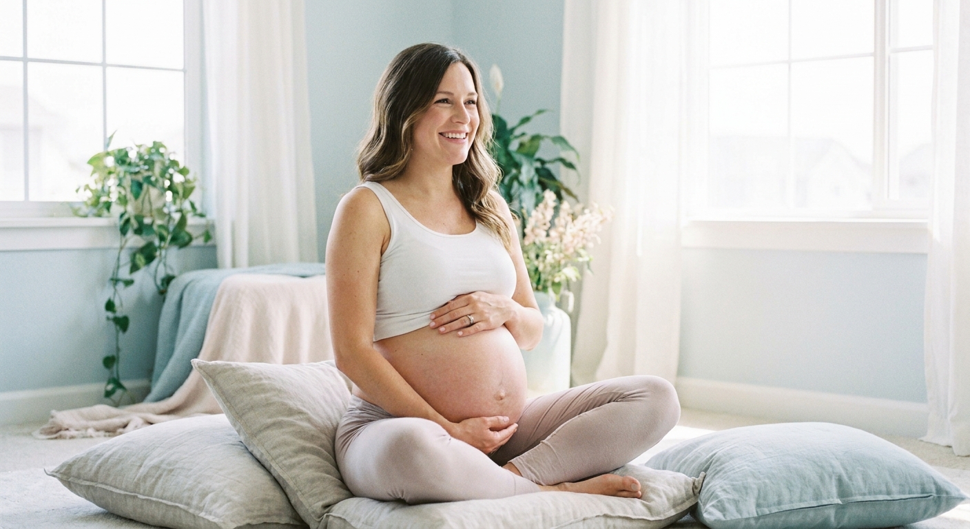 Gestante meditando sentada em almofadas com as mãos na barriga em ambiente tranquilo e iluminado