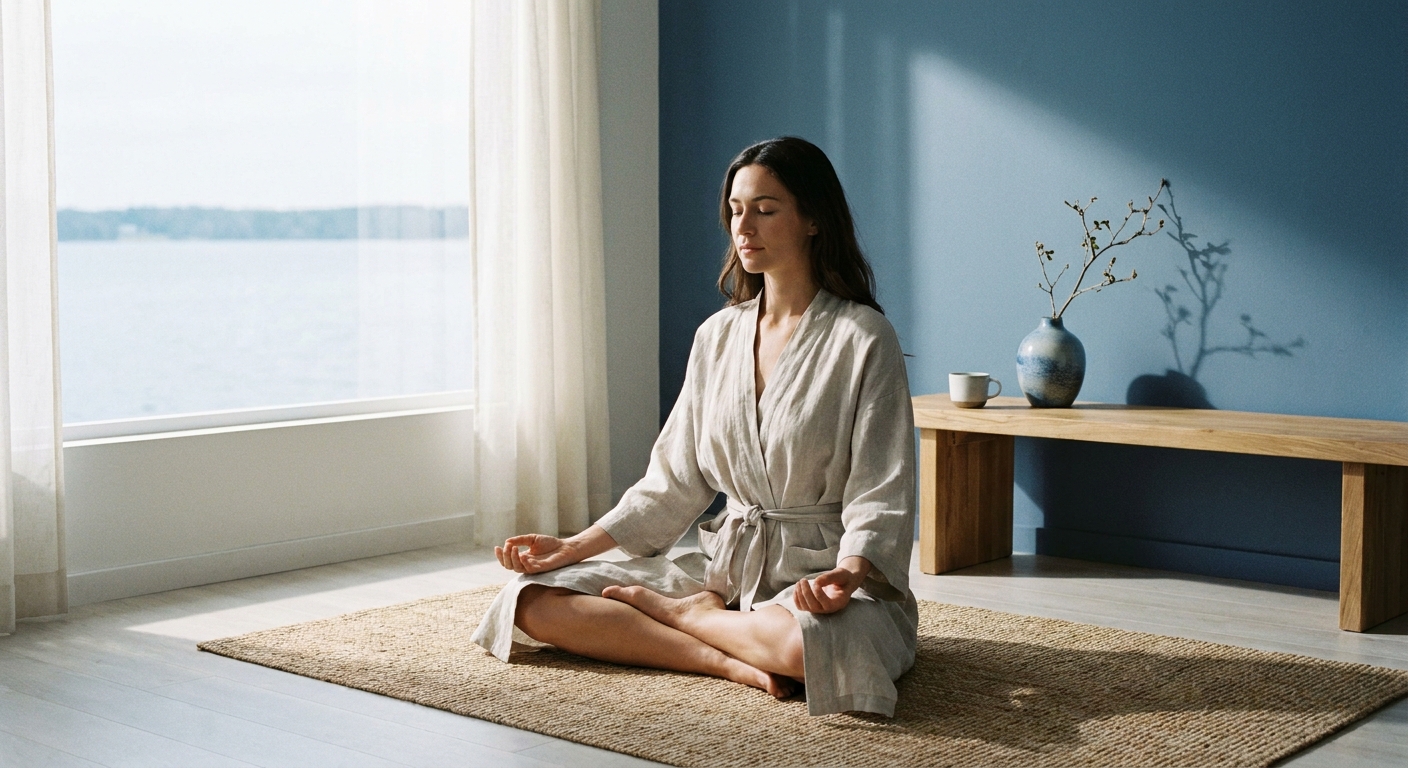 Pessoa meditando em ambiente tranquilo e minimalista com luz natural