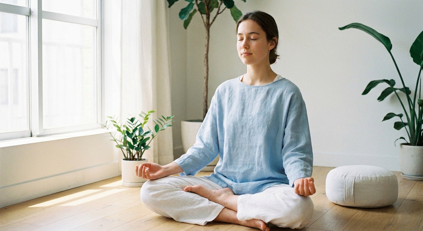 Pessoa meditando em posição de lótus em ambiente tranquilo e iluminado