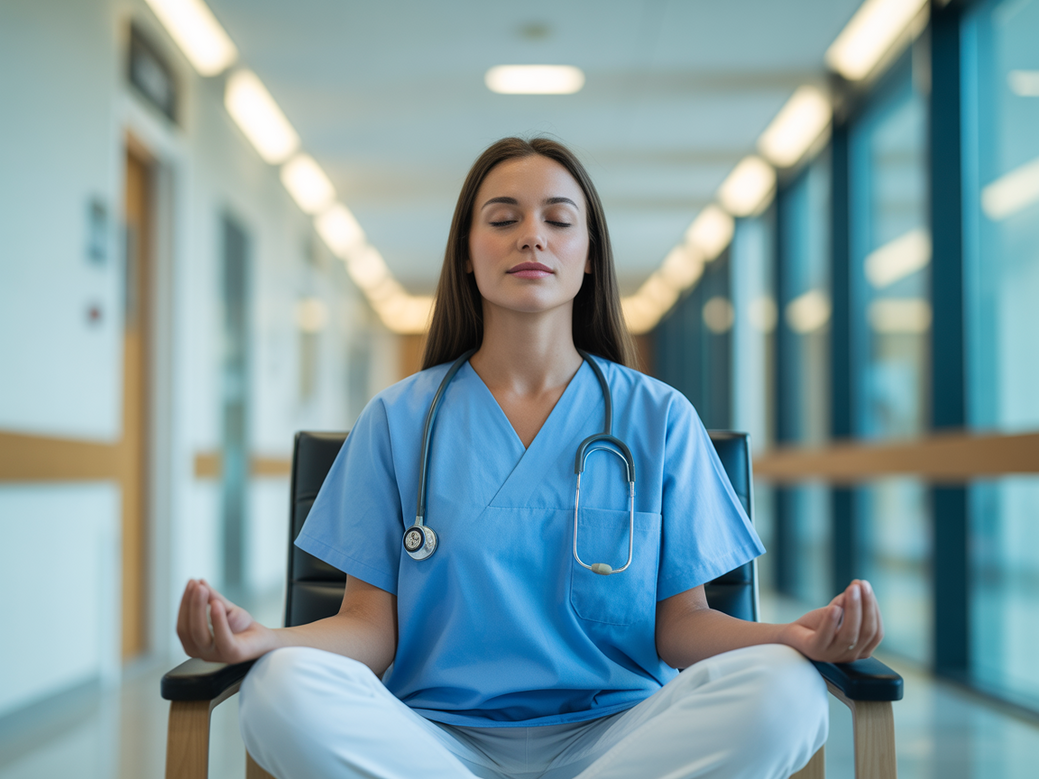 Meditação para profissionais de saúde sendo praticada por uma médica em um corredor de hospital, como forma de relaxamento no trabalho.