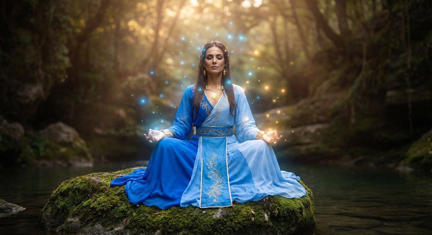 Mulher praticando meditação para superar relacionamento tóxico em ambiente tranquilo e iluminado, reconstruindo autoestima