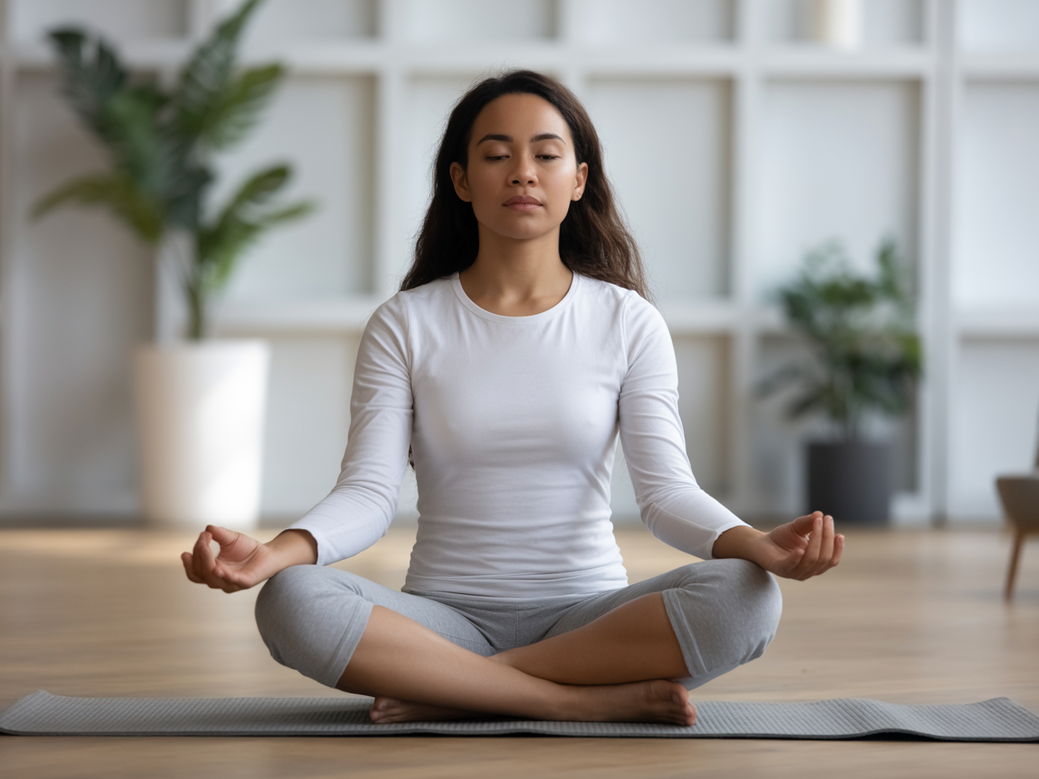 Pessoa praticando meditação para TDAH, demonstrando foco e calma em um ambiente tranquilo.