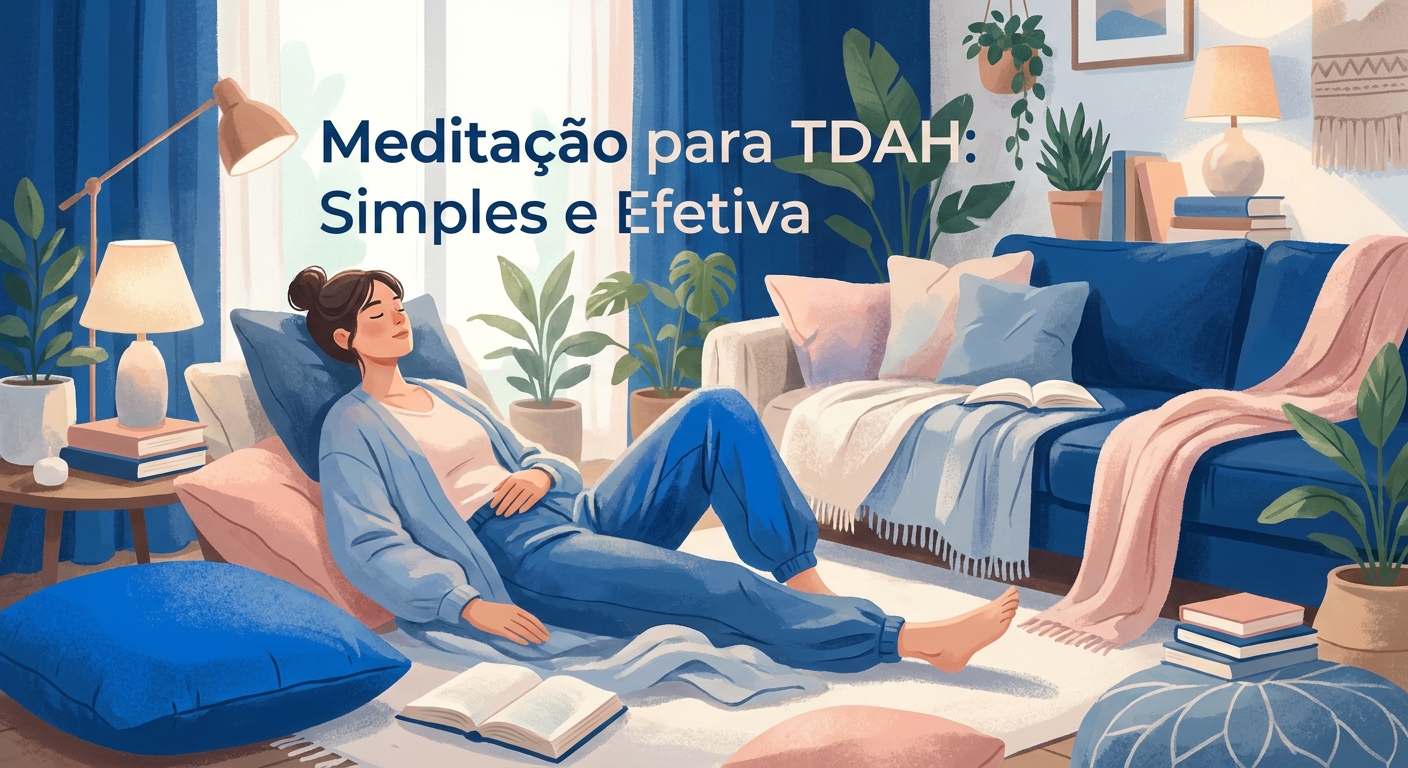 Mulher praticando meditação adaptada para TDAH em ambiente tranquilo com iluminação azul suave
