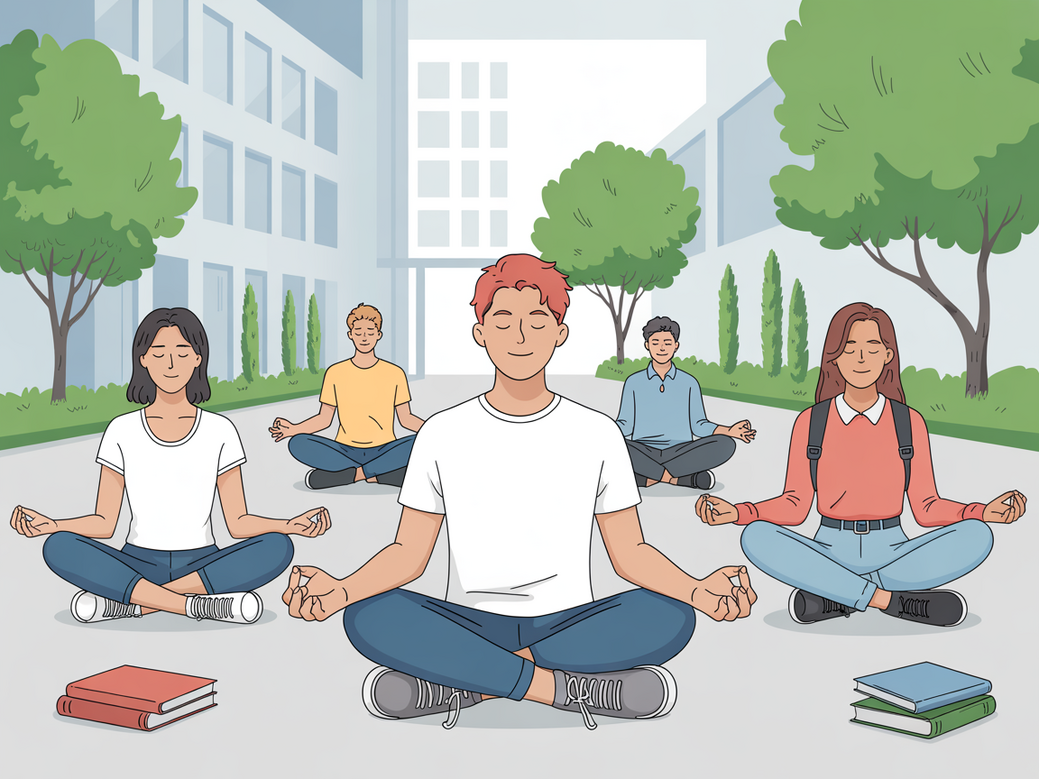 Ilustração de jovens universitários meditando em um campus, demonstrando como a meditação para universitários ajuda a reduzir a ansiedade.