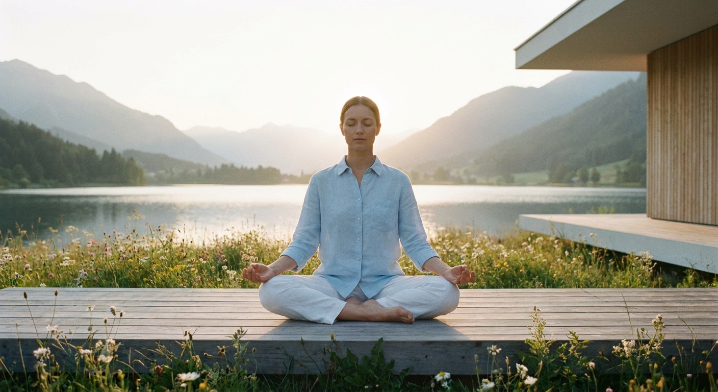 Mulher meditando ao ar livre em posição de lótus durante o amanhecer