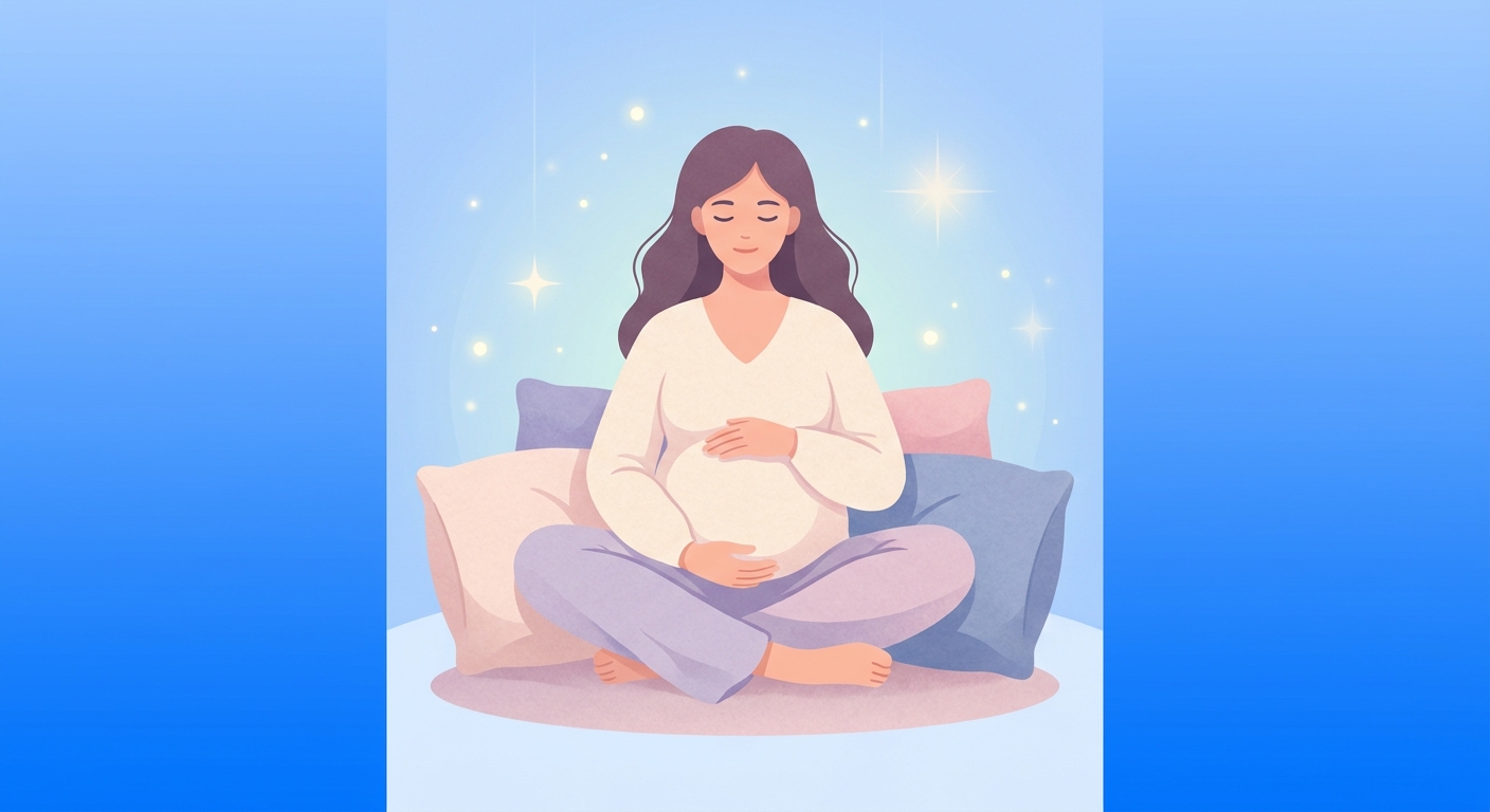 Gestante meditando sentada em almofadas com mãos sobre a barriga em ambiente tranquilo e iluminado