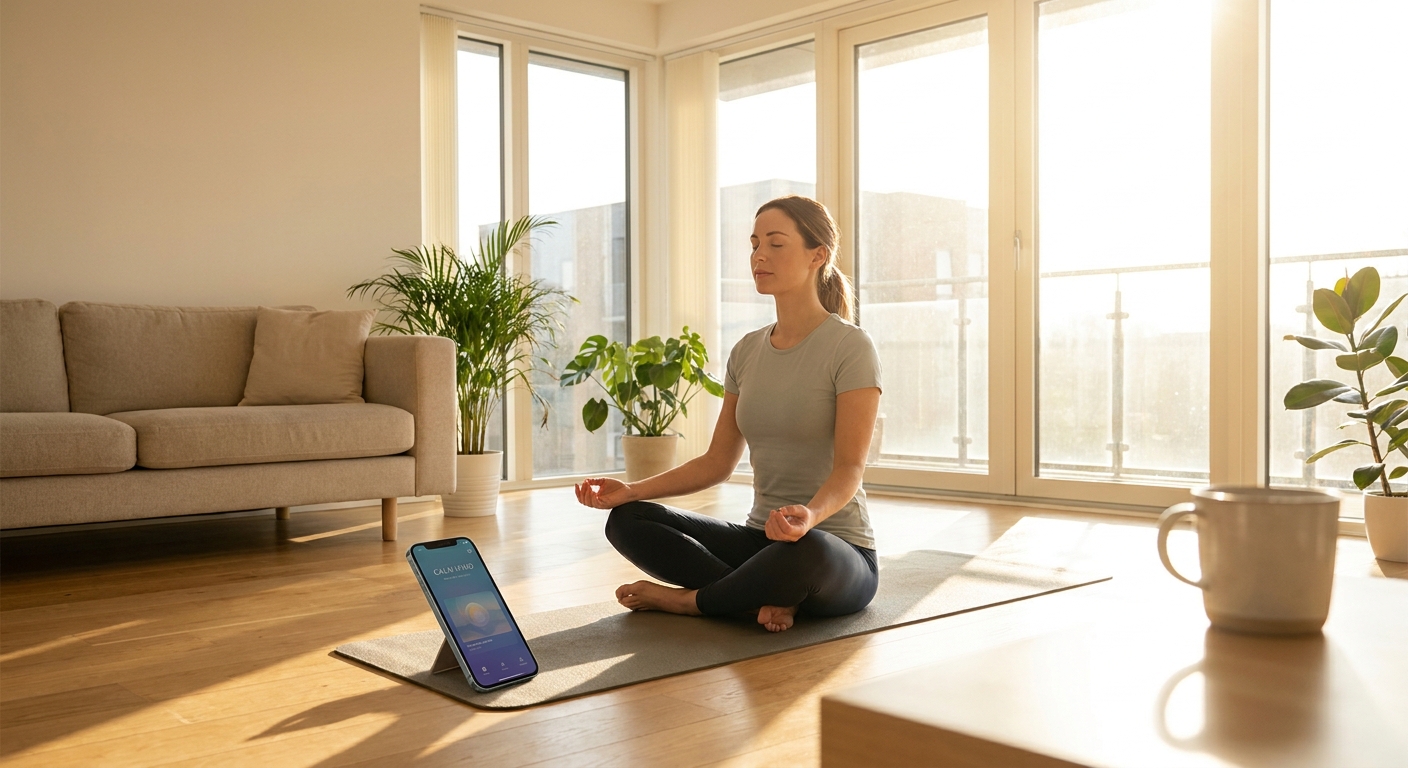 Person meditating with a smartphone app in a bright modern living room during morning sunlight