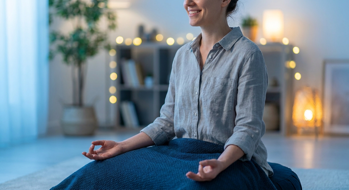 Pessoa meditando com as mãos nos joelhos, respirando profundamente em uma sala calma com iluminação azul