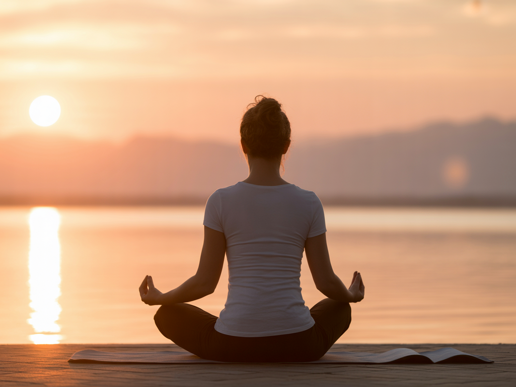 A person practicing meditation for mental health at sunrise, achieving mental clarity.