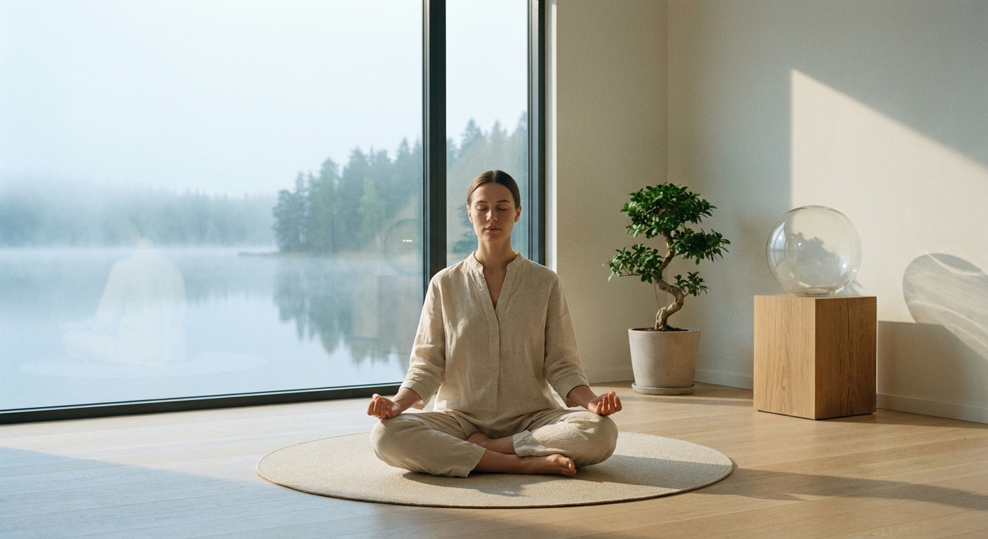 Woman practicing meditation for mental health using Vitalizen App in peaceful setting