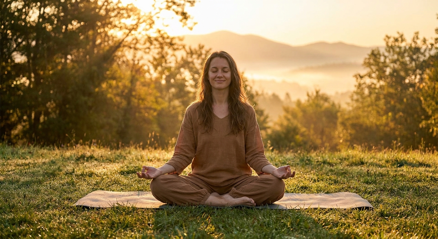 Person meditating at sunrise while using the Vitalizen meditation app