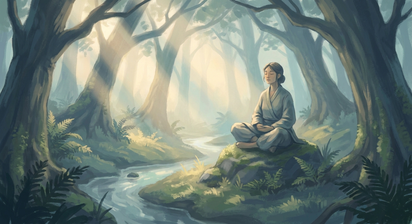 Woman meditating peacefully in nature for stress relief and mindfulness
