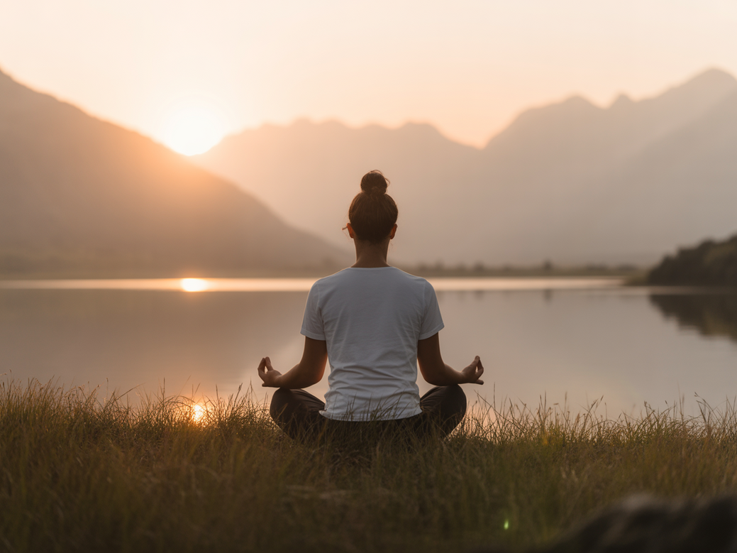 Person learning how to meditate in a peaceful natural environment to reduce stress.