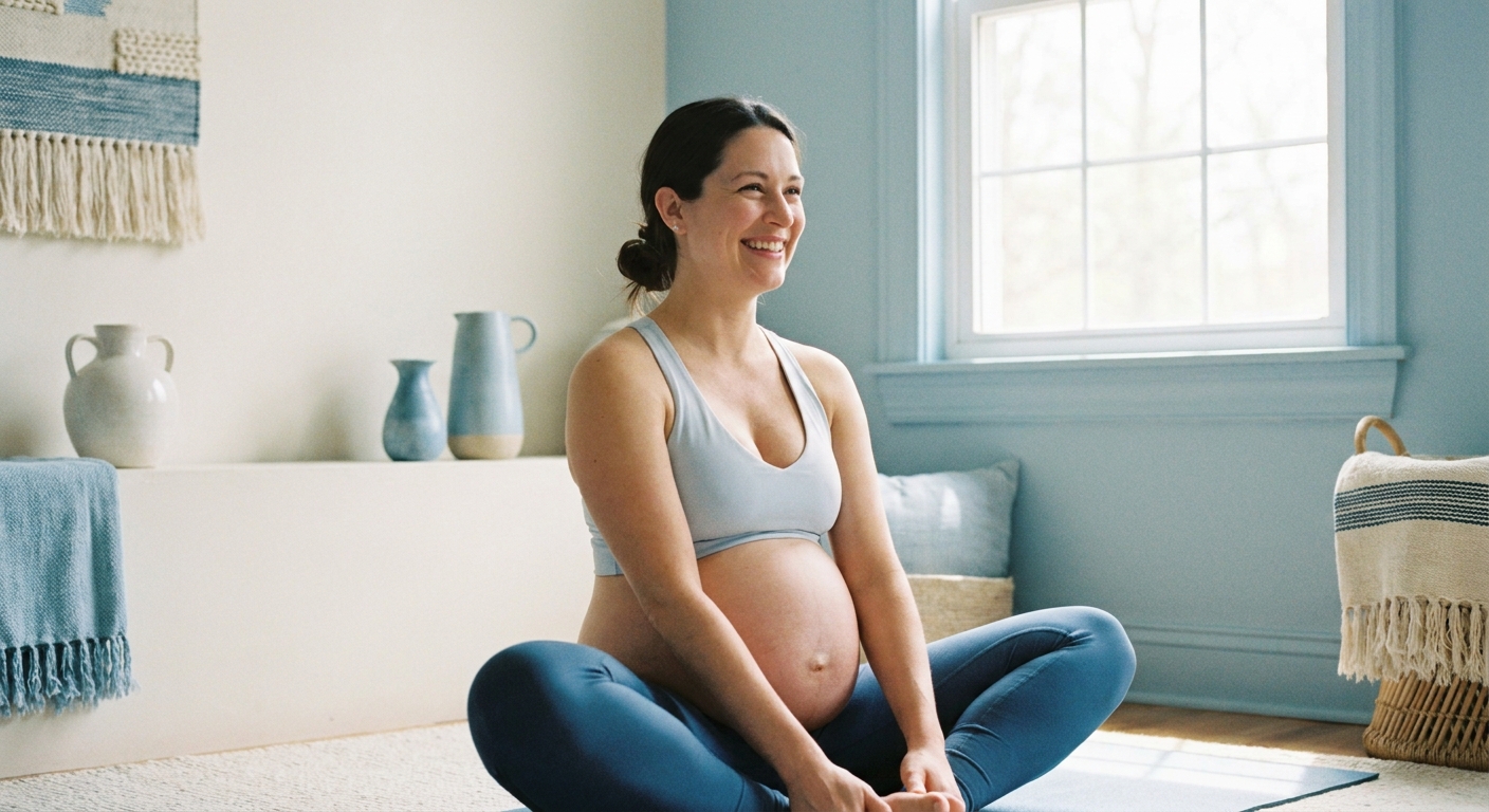 Gestante sorrindo praticando yoga em ambiente calmo com tons azuis — Vitalizen App