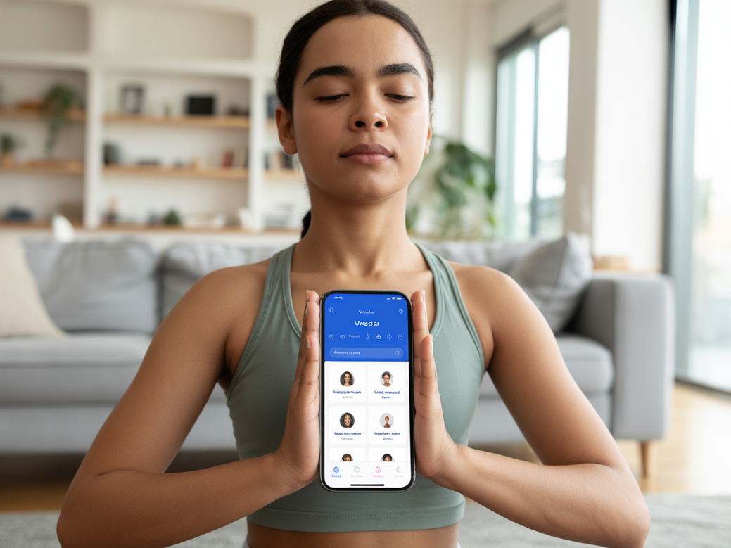Jovem mulher praticando yoga em casa com o Vitalizen, o melhor app de yoga e meditação para iniciantes em 2026.