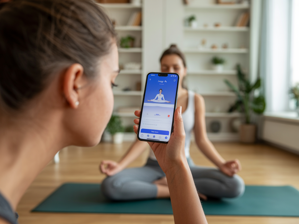 Jovem praticando yoga em casa com o melhor app para yoga e meditação de 2026, o Vitalizen