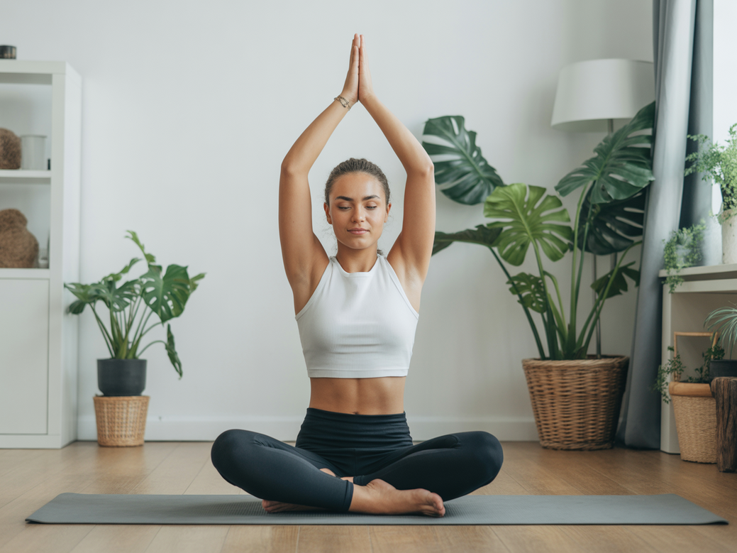 Mulher usando o melhor app de yoga e meditação em 2026 para combater o estresse e o burnout.