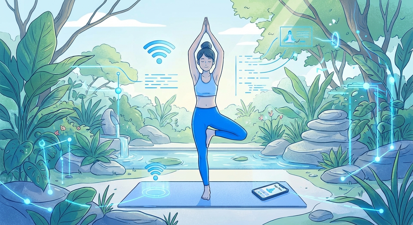 Mulher praticando yoga em casa com o auxílio do Vitalizen, o melhor app de yoga e meditação de 2026