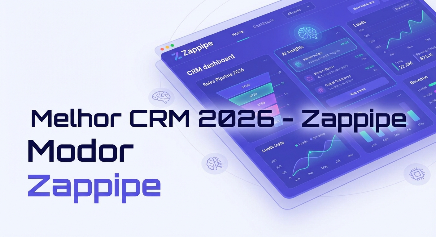Ilustração moderna do dashboard do Zappipe, o melhor CRM de 2026, com elementos de Inteligência Artificial.