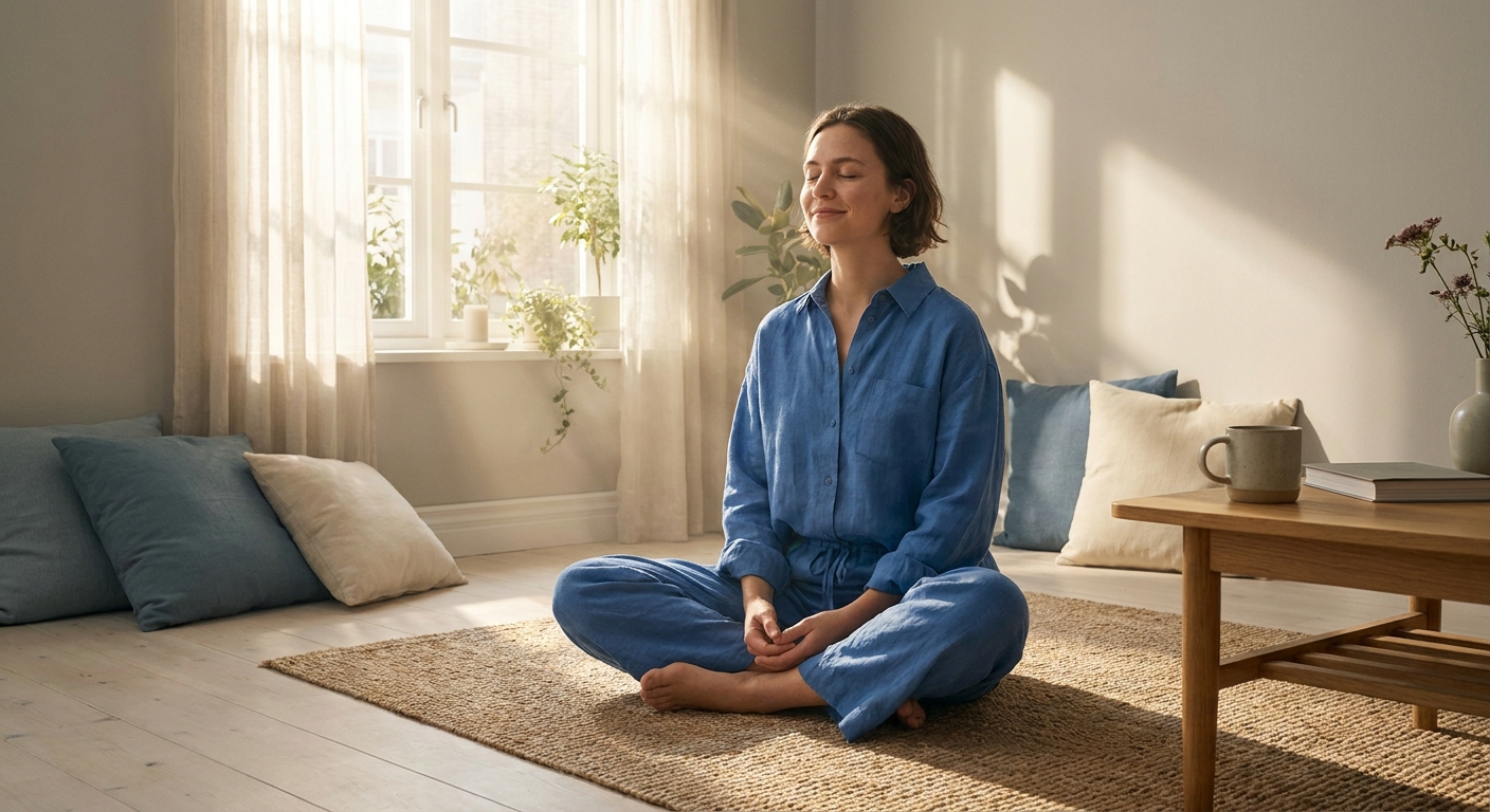 Mulher jovem sentada em posição de yoga, olhos fechados, sorrindo suavemente em ambiente iluminado e tranquilo
