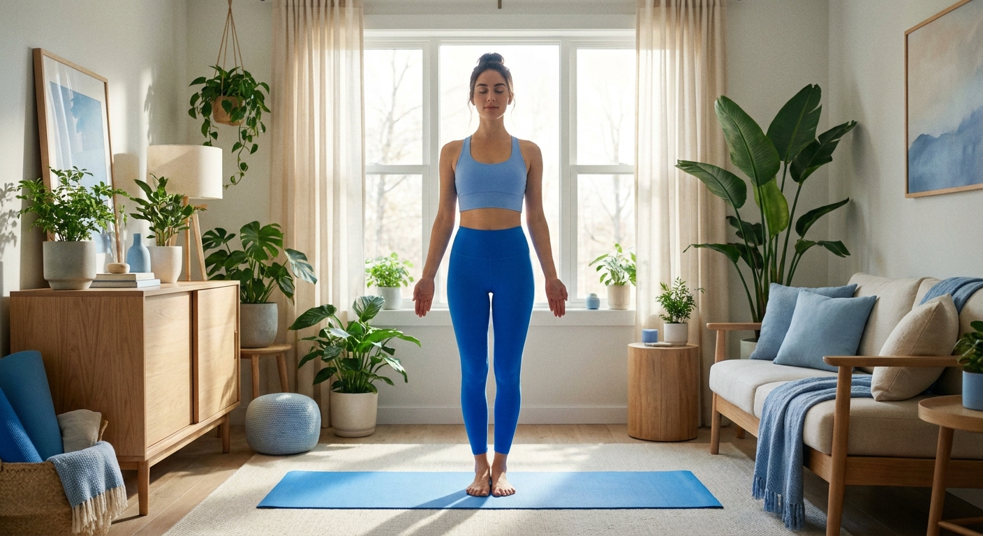 Mulher jovem praticando yoga em casa, mostrando o melhor tipo de yoga para iniciantes com o Vitalizen App
