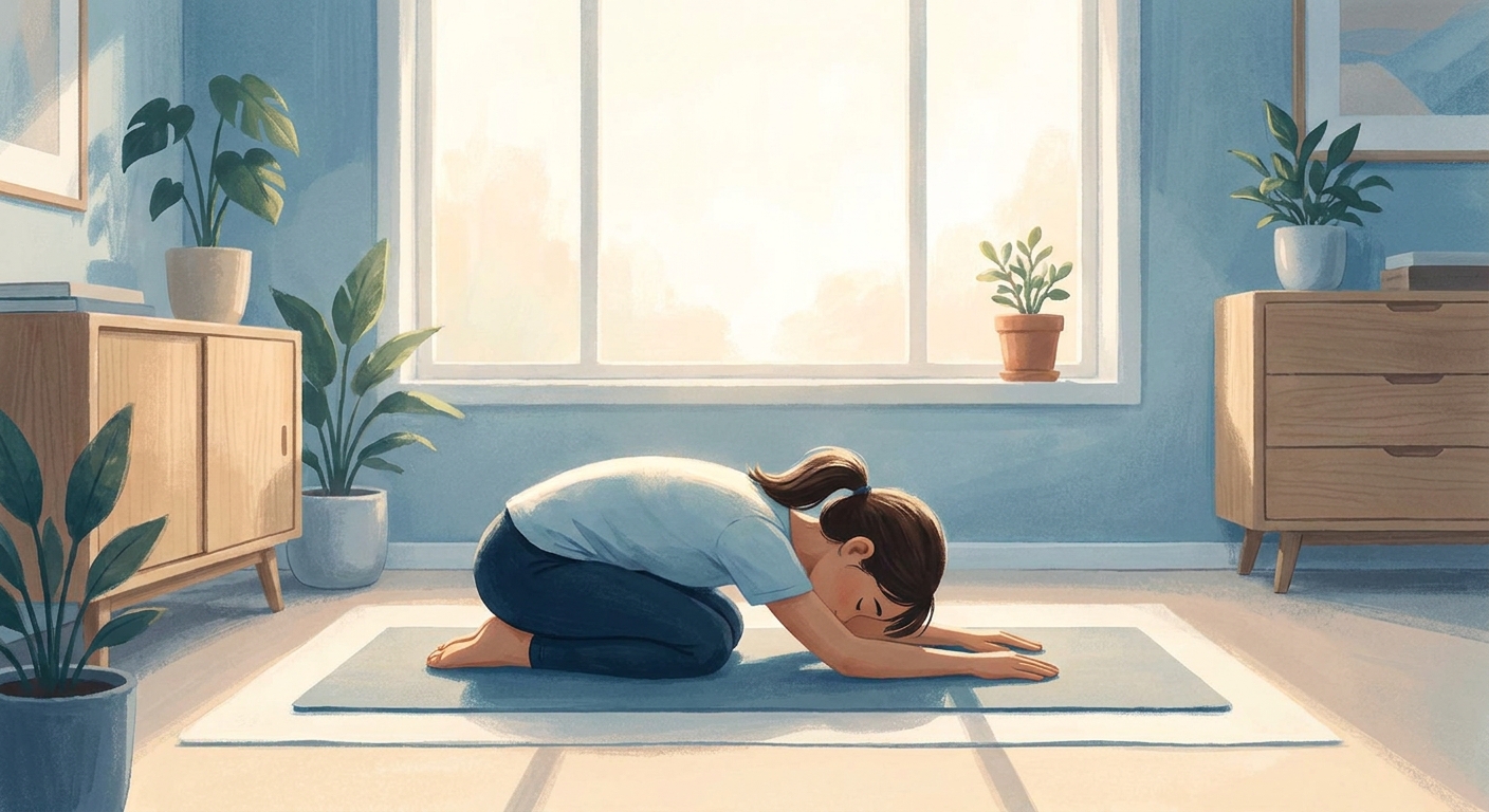 Jovem praticando yoga em pose simples em ambiente tranquilo com tons azuis da marca Vitalizen