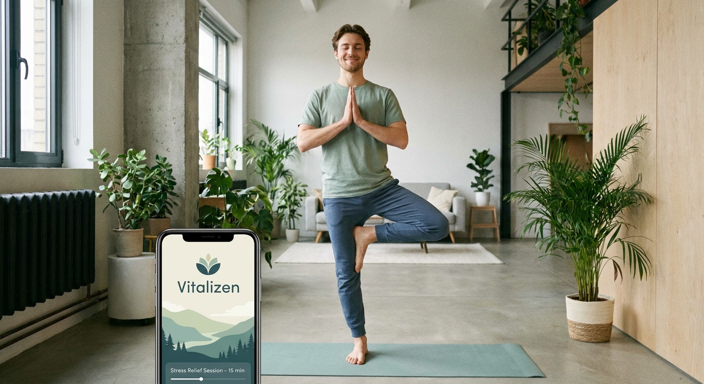 Mulher praticando yoga para iniciantes com auxílio do aplicativo Vitalizen para aliviar estresse