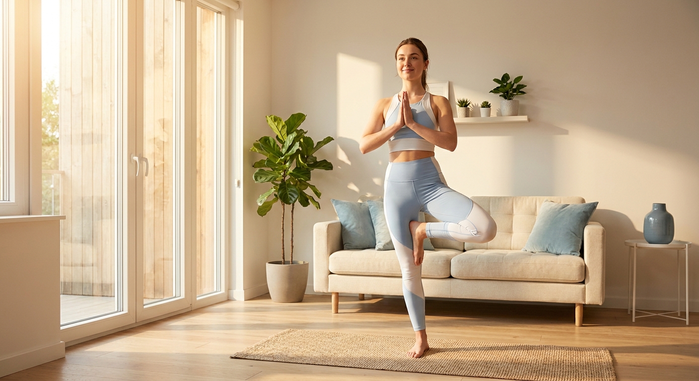 Mulher praticando yoga para iniciantes em casa, posição de lótus