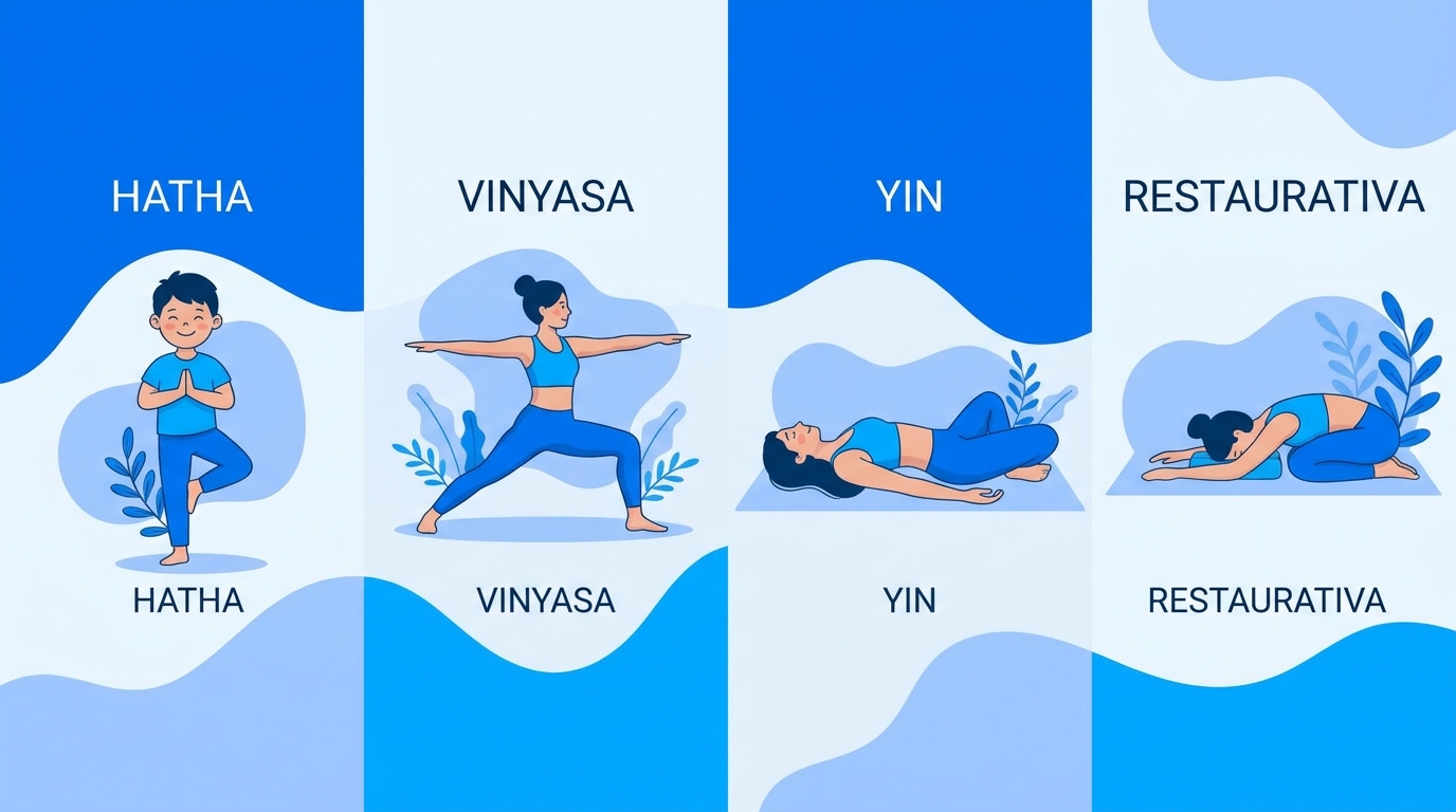 Ilustração com os 4 melhores tipos de yoga para iniciantes: Hatha, Vinyasa, Yin e Yoga Restaurativa em tons azulados