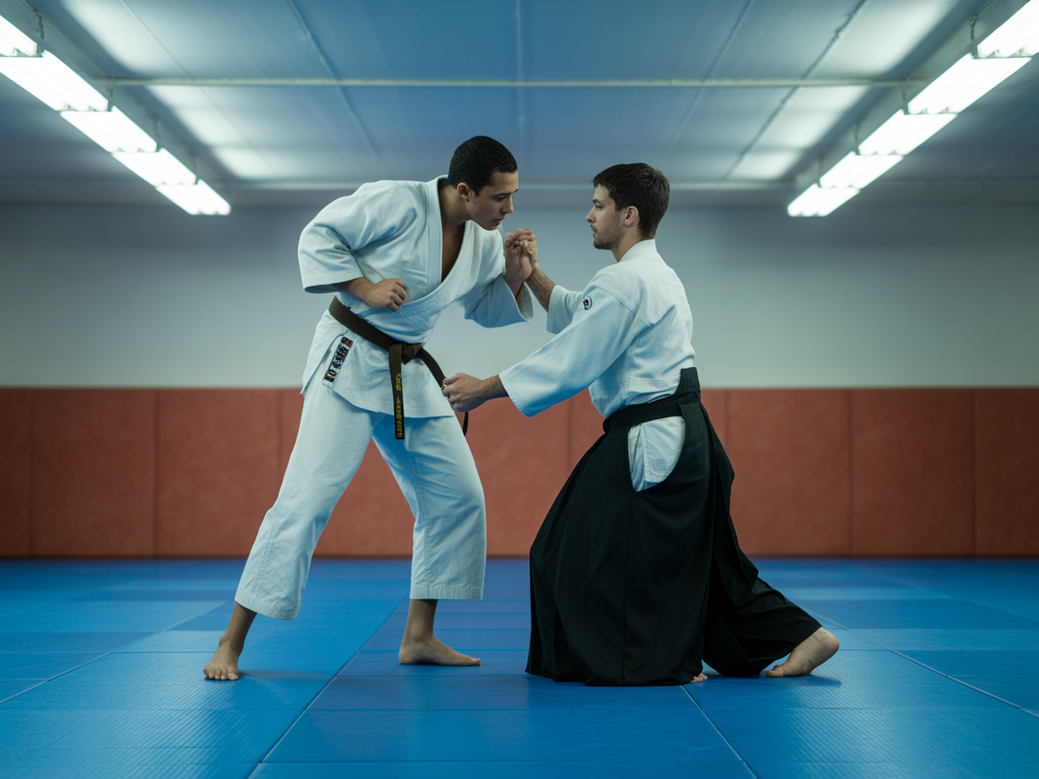 Instrutor de artes marciais ajoelhado para conversar e motivar um jovem aluno no tatame, demonstrando a importância das mensagens inspiradoras.