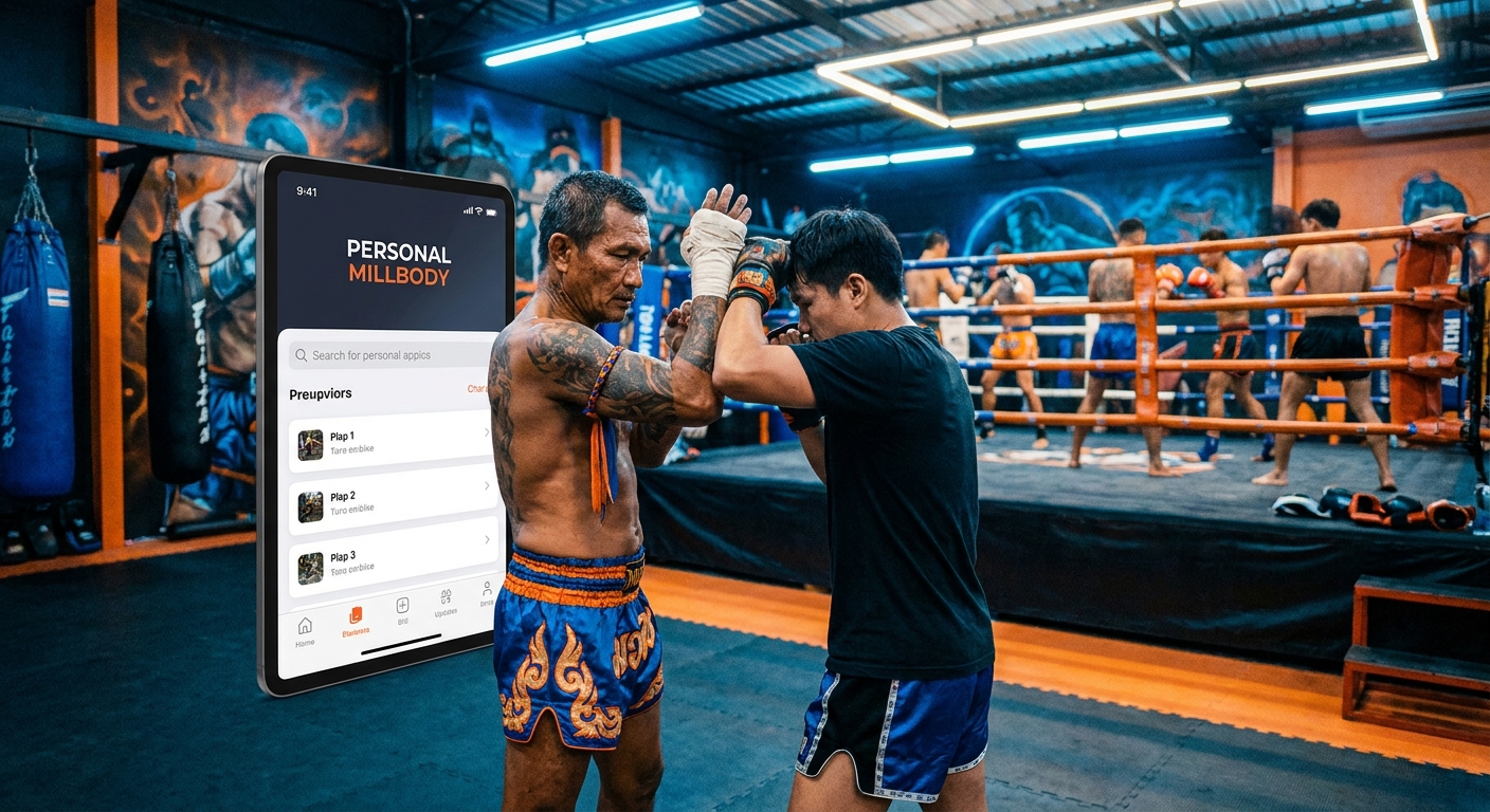 Mestre de Muay Thai ensinando golpe com tablet mostrando aplicativo Personal Millbody ao fundo
