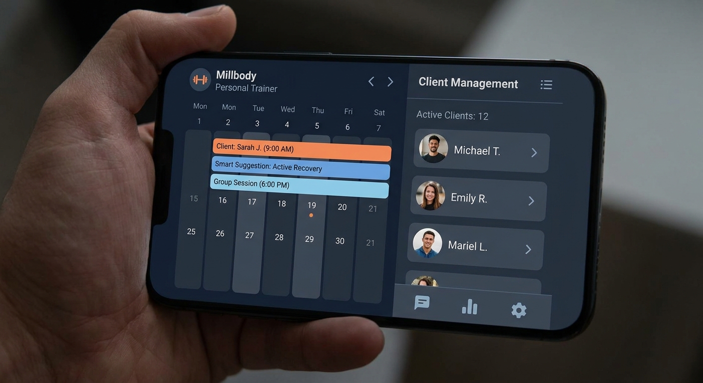 Agenda inteligente do app personalizado para personal trainer Millbody mostrando horários e agendamentos