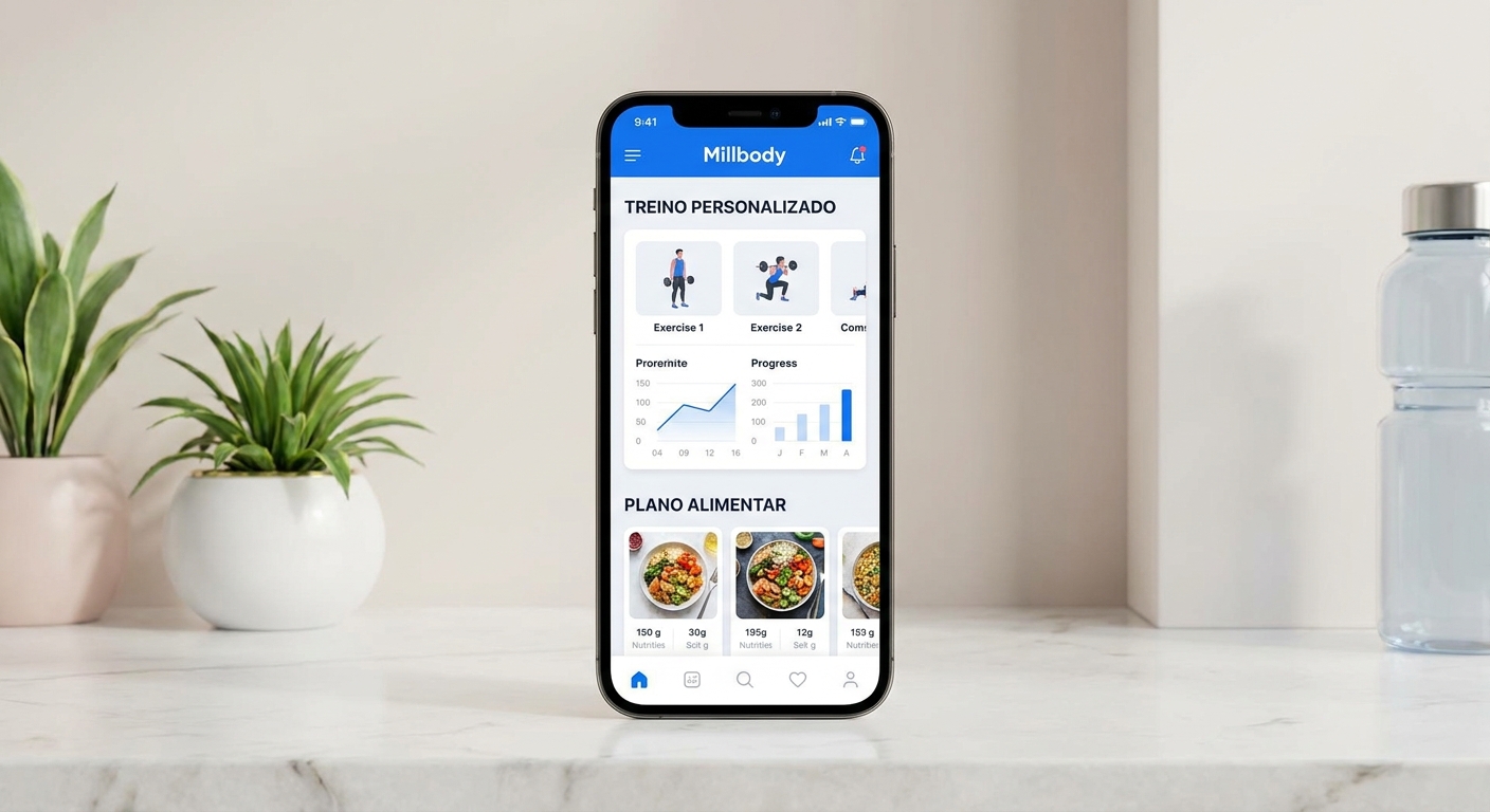 Mockup do aplicativo Personal Millbody mostrando tela de treino e plano alimentar integrados