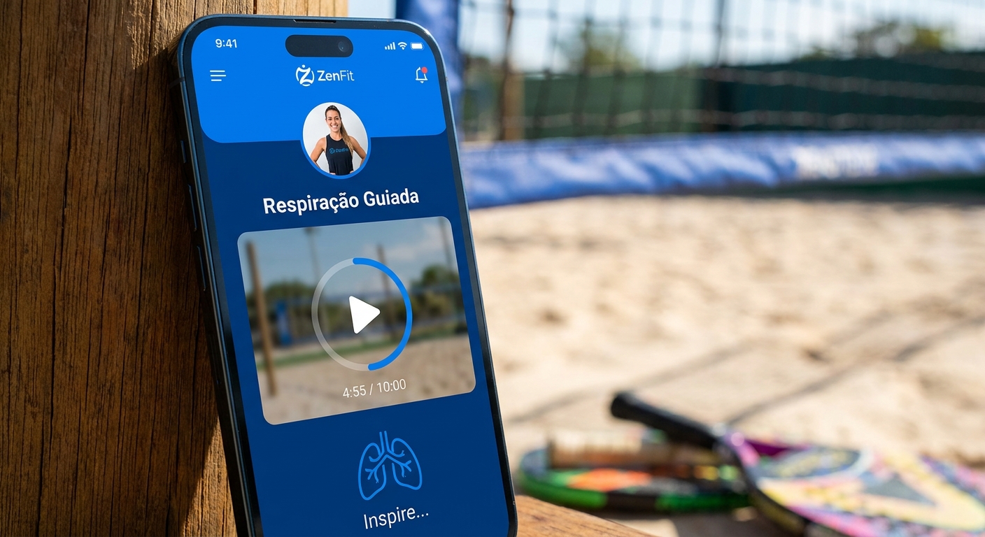 Mockup do aplicativo Personal Millbody mostrando exercício de respiração guiada com vídeo do personal trainer
