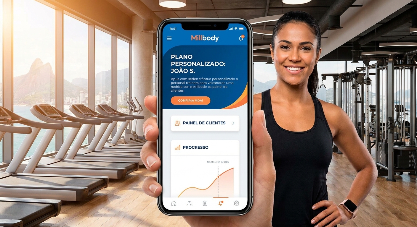 App para personal trainer Millbody mostrando dashboard de treinos personalizados