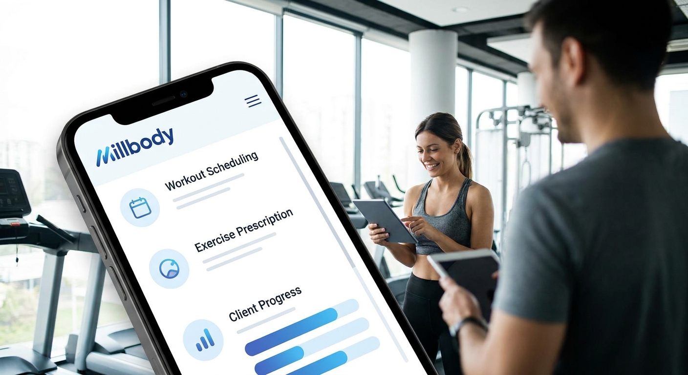 Tela do app Millbody mostrando a dashboard com agenda inteligente e prescrição de treinos personalizados para personal trainer
