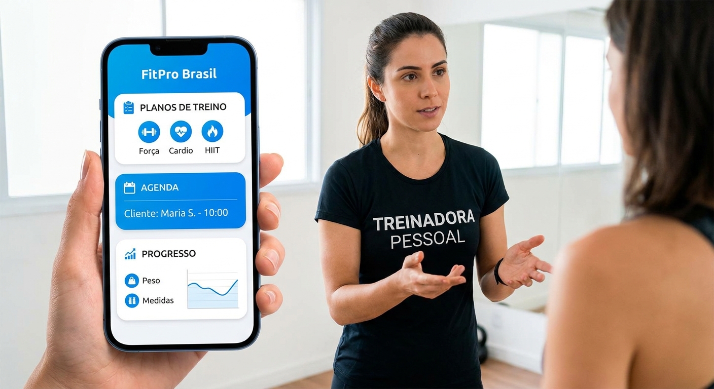 Mockup do app personalizado para personal trainer Millbody mostrando dashboard de treinos e agenda inteligente