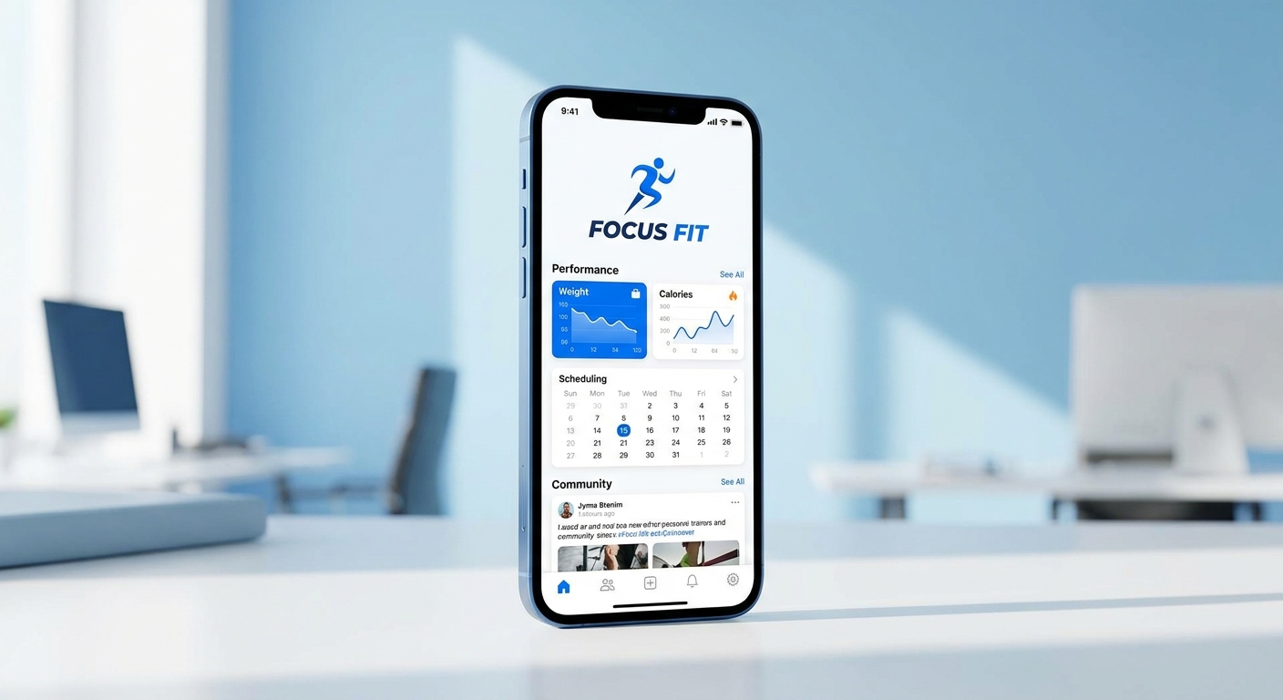 Plataforma para personal trainer Millbody – mockup do aplicativo personalizado com logo do profissional e monitoramento de performance