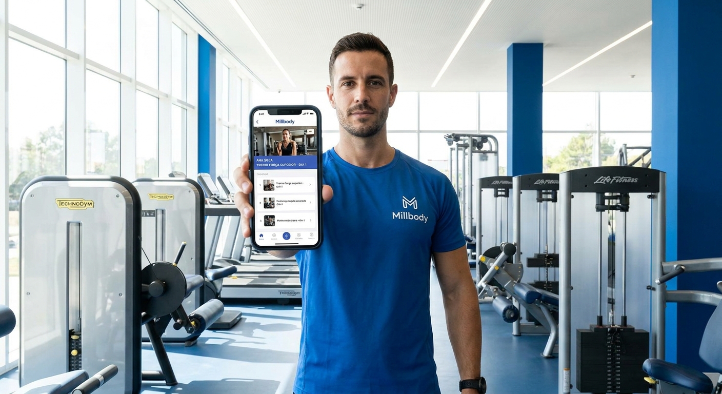 App Millbody personal trainer montando treino personalizado no celular dentro da academia