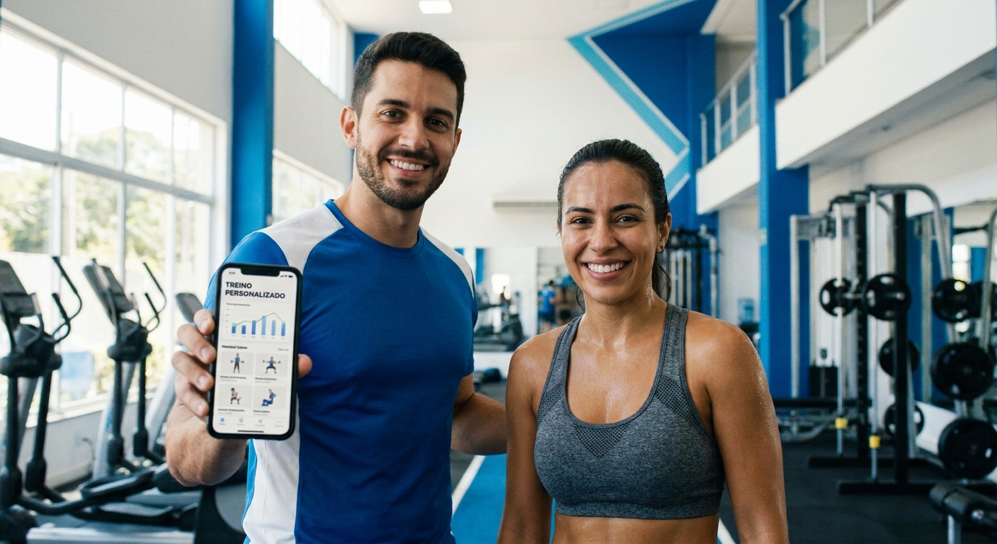 App personalizado para personal trainer Millbody Personal trainer utilizando o app personalizado Millbody para gerenciar treinos de alunos