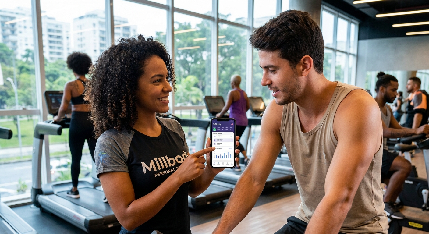 Personal trainer utilizando um app personalizado para personal trainer da Millbody para motivar um aluno na academia