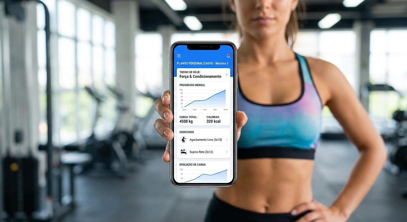 App personalizado para personal trainer Millbody exibindo treinos individuais e métricas de desempenho