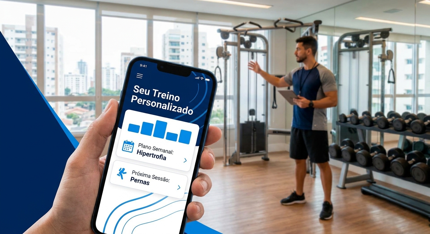 App personalizado para personal trainer Millbody mostrando tela de treino personalizado