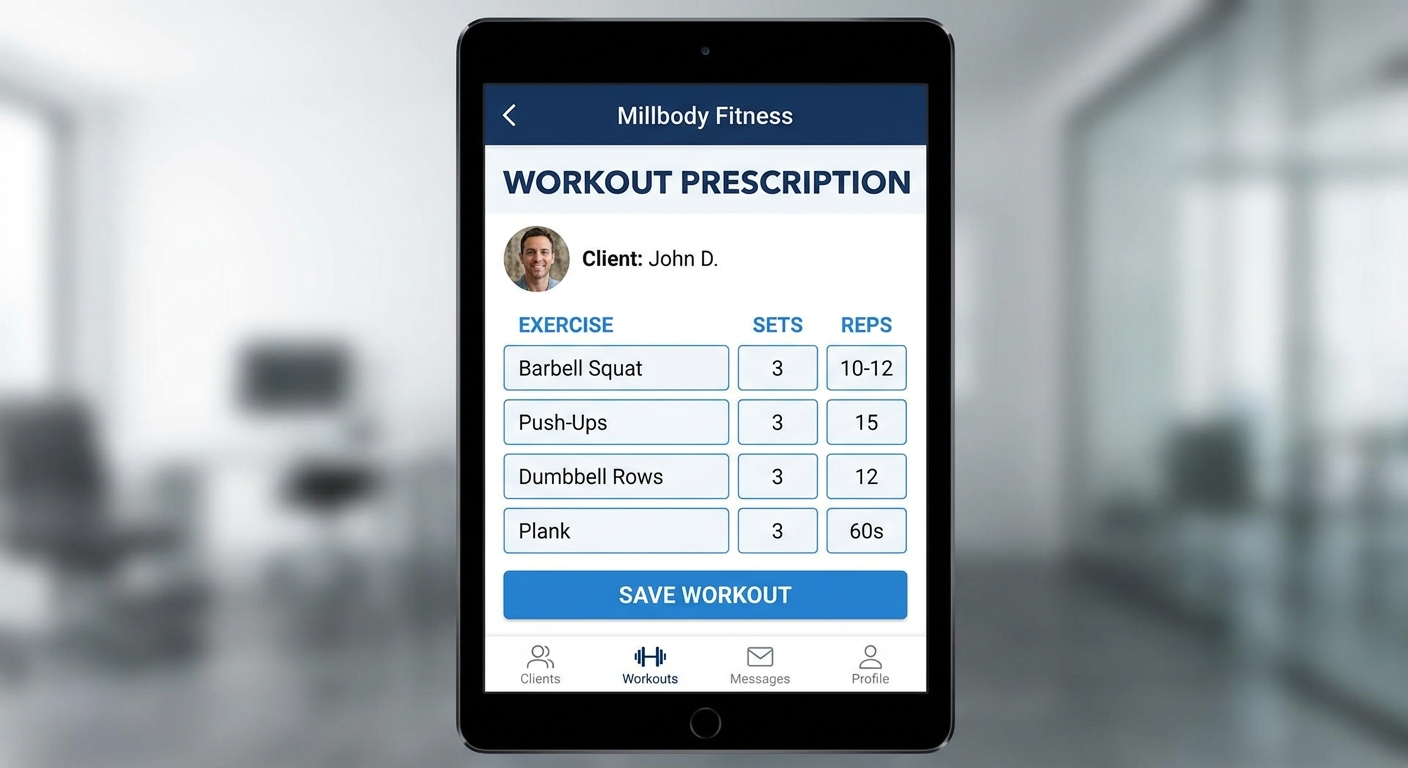 Tela de prescrição de treino do app personalizado para personal trainer Millbody mostrando séries, repetições e exercícios personalizados