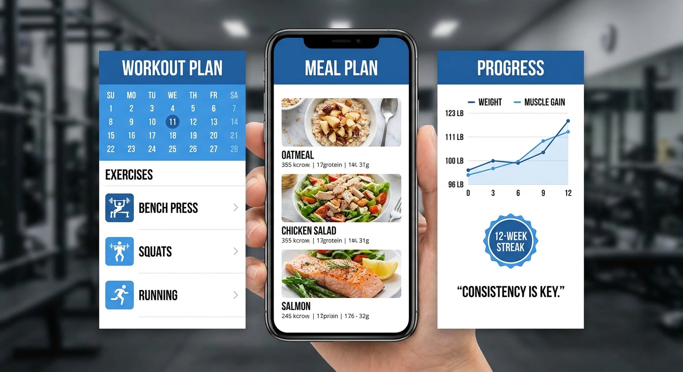 Print do aplicativo Millbody mostrando integração entre treino, nutrição e motivação para personal trainer