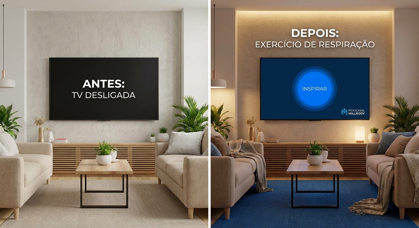 Sala de estar com TV smart ligada no aplicativo Personal Millbody exibindo um exercício de respiração em destaque.