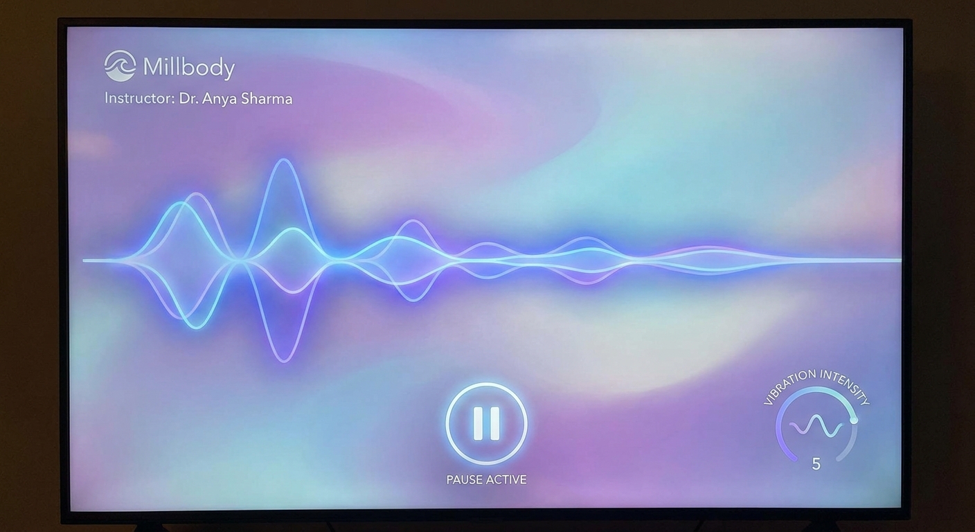 Interface do app Personal Millbody na TV mostrando a sincronização de áudio, vídeo e vibração durante uma aula de meditação em movimento.