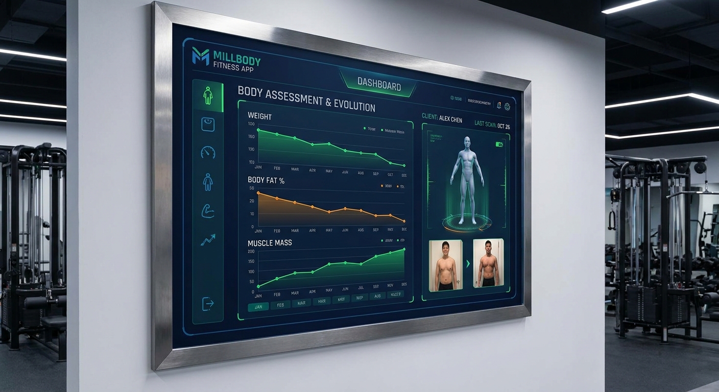 Funcionalidade de avaliação física digital do app personalizado para personal trainer Millbody mostrando evolução de medidas e progresso do aluno