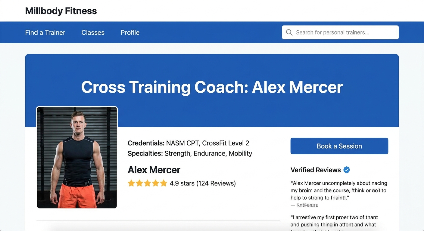 Tela de busca de profissionais na plataforma Millbody mostrando perfil de treinador de Cross Training com avaliações e especialidades